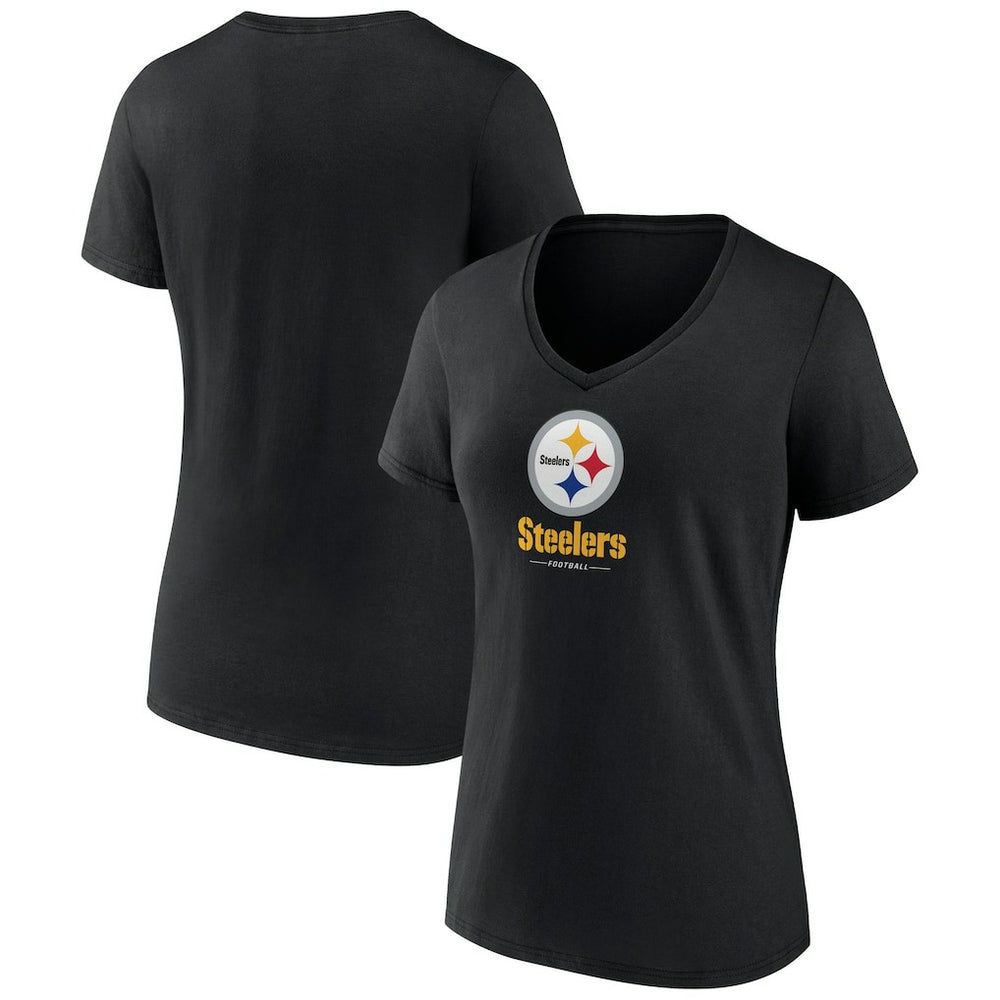 Pittsburgh Steelers Women's Logo Team Lockup V-Neck T-Shirt - Black T-shirts