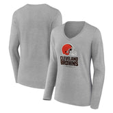 Cleveland Browns Women's Logo Team Lockup Long Sleeve V-Neck T-Shirt - Gray T-shirts
