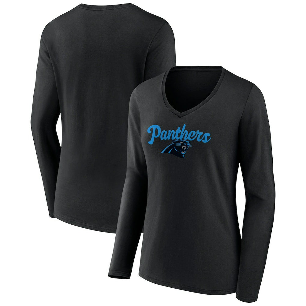 Carolina Panthers Women's Freehand Team Long Sleeve V-Neck T-Shirt - Black T-shirts