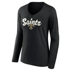 New Orleans Saints Women's Freehand Team Long Sleeve V-Neck T-Shirt - Black T-shirts