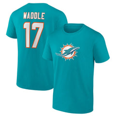 Jaylen Waddle Miami Dolphins Player Icon Name & Number T-Shirt - Aqua T-shirts