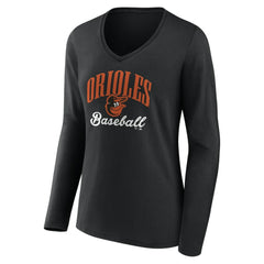 Baltimore Orioles Women's Victory Script Long Sleeve V-Neck T-Shirt - Black T-shirts