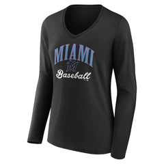 Miami Marlins Women's Victory Script Long Sleeve V-Neck T-Shirt - Black T-shirts