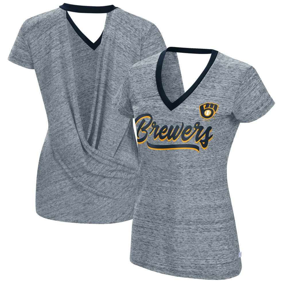 Milwaukee Brewers Touch Women's Halftime Back Wrap Top V-Neck T-Shirt - Navy T-shirts