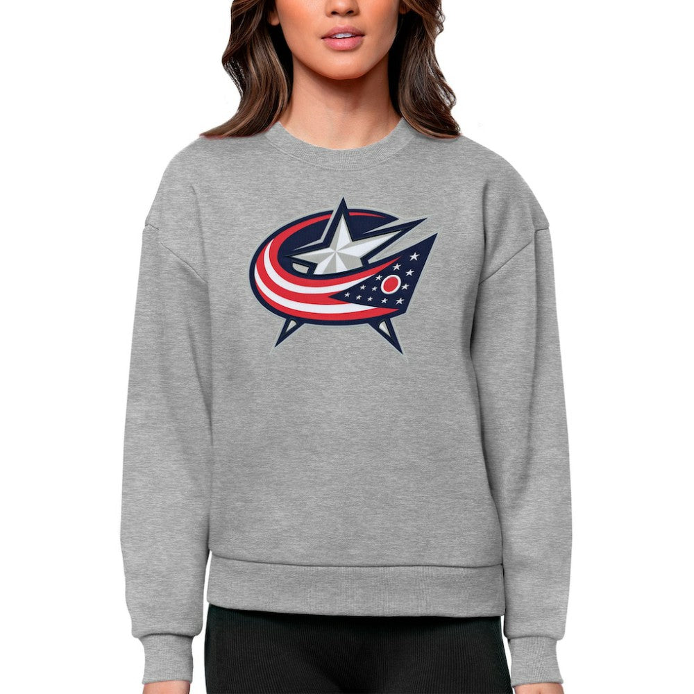 Columbus Blue Jackets Antigua Women's Team Logo Victory Crewneck Pullover Sweatshirt - Heather Gray | US 5084223