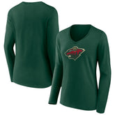 Minnesota Wild Women's Team Logo Long Sleeve V-Neck T-Shirt - Green | US 5088126