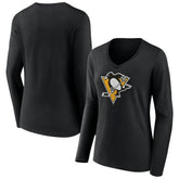 Pittsburgh Penguins Women's Team Logo Long Sleeve V-Neck T-Shirt - Black | US 5088132