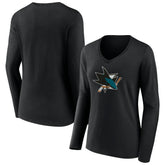 San Jose Sharks Women's Team Logo Long Sleeve V-Neck T-Shirt - Black | US 5088133