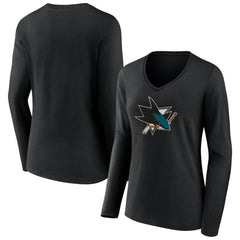 San Jose Sharks Women's Team Logo Long Sleeve V-Neck T-Shirt - Black | US 5088133