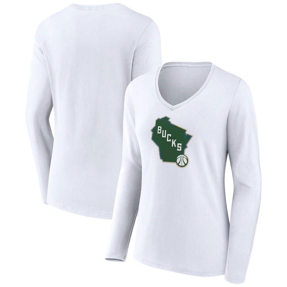 Milwaukee Bucks Women's Alternate Logo V-Neck Long Sleeve T-Shirt White outlet