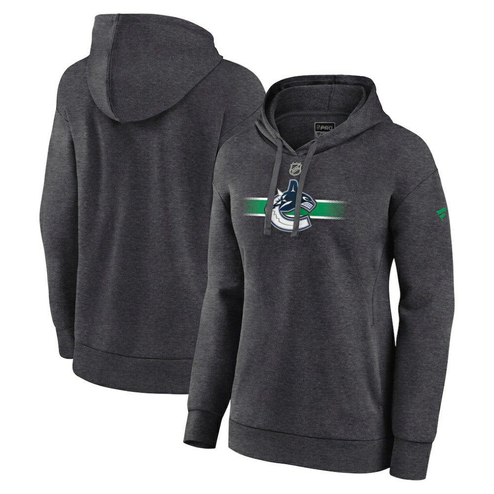 Vancouver Canucks Fanatics Women's Authentic Pro Core Secondary Fleece Pullover Hoodie - Heather Charcoal | US 5105122