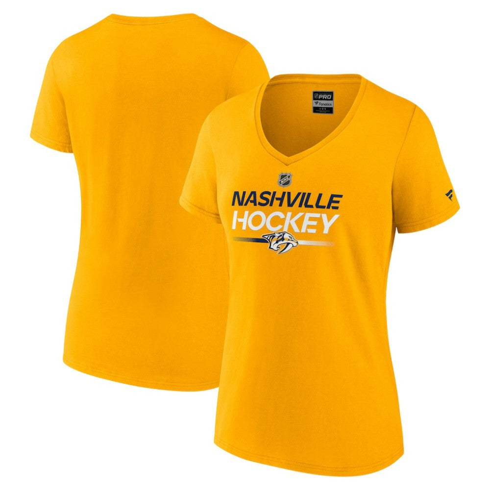 Nashville Predators Fanatics Women's Authentic Pro Primary V-Neck T-Shirt - Gold | US 5105352
