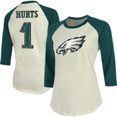 Jalen Hurts Philadelphia Eagles Majestic Threads Women's Player Raglan Name & Number Fitted 3/4-Sleeve T-Shirt - Cream/Green T-shirts