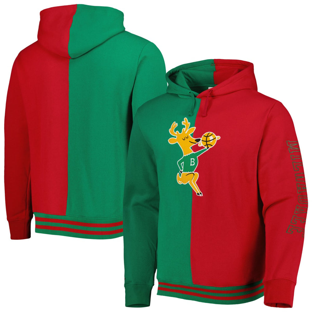 Milwaukee Bucks Hardwood Classics Split Pullover Hoodie Green/Red - Mitchell & Ness