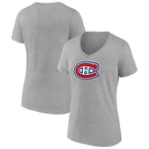 Montreal Canadiens Women's Primary Logo Team V-Neck T-Shirt - Heather Gray | US 5221161