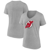 New Jersey Devils Women's Primary Logo Team V-Neck T-Shirt - Heather Gray | US 5221163