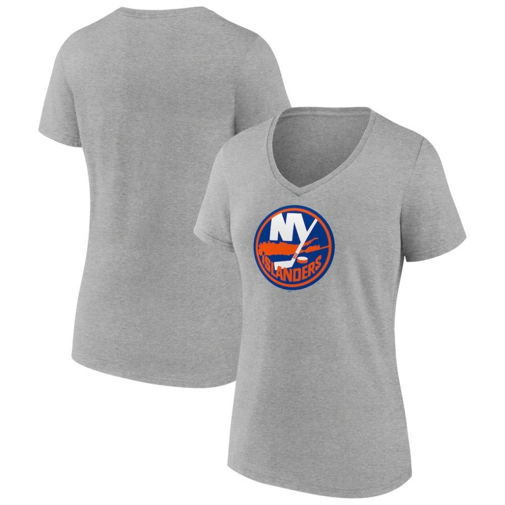New York Islanders Women's Primary Logo Team V-Neck T-Shirt - Heather Gray | US 5221164