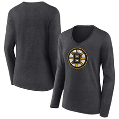 Boston Bruins Women's Primary Team Logo Long Sleeve V-Neck T-Shirt - Heather Charcoal | US 5221177