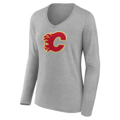 Calgary Flames Women's Primary Logo Team Long Sleeve V-Neck T-Shirt - Heather Gray | US 5221178