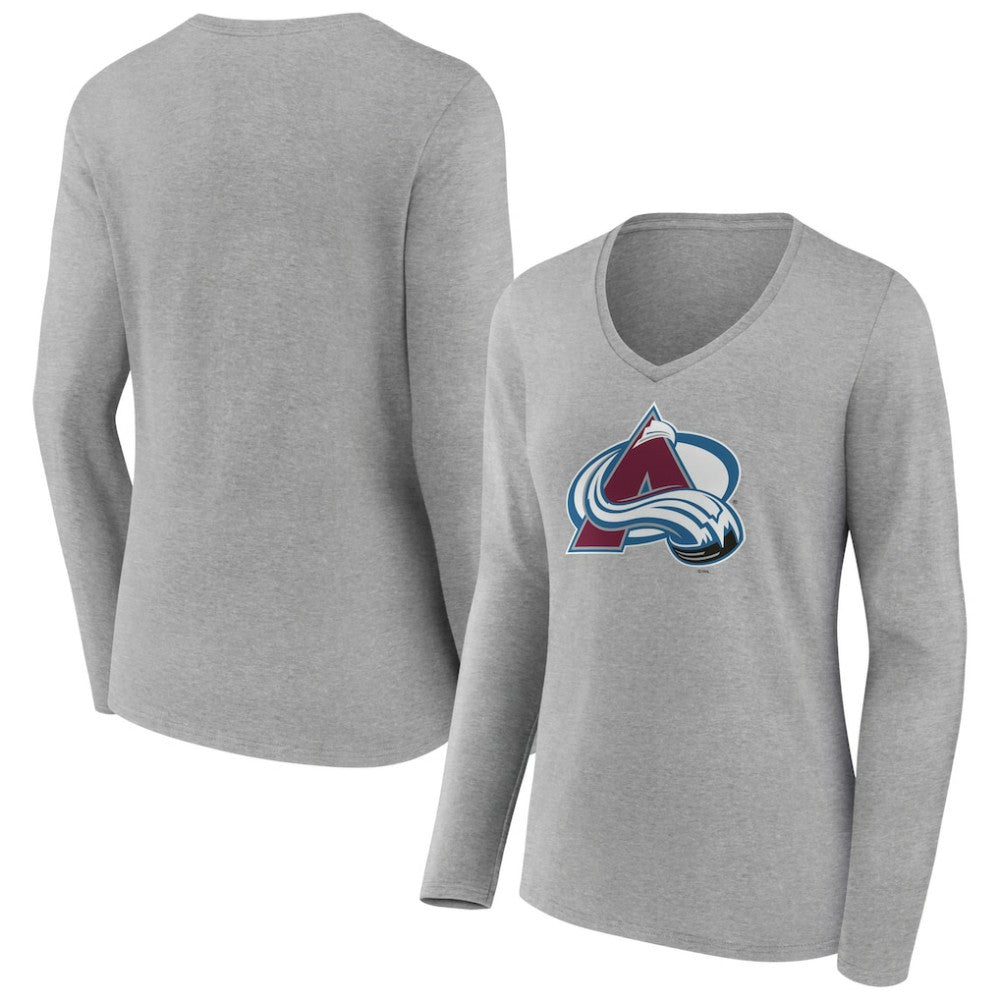 Colorado Avalanche Women's Primary Logo Team Long Sleeve V-Neck T-Shirt - Heather Gray | US 5221181