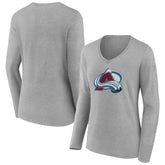 Colorado Avalanche Women's Primary Logo Team Long Sleeve V-Neck T-Shirt - Heather Gray | US 5221181