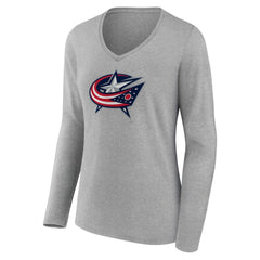 Columbus Blue Jackets Women's Primary Logo Team Long Sleeve V-Neck T-Shirt - Heather Gray | US 5221182