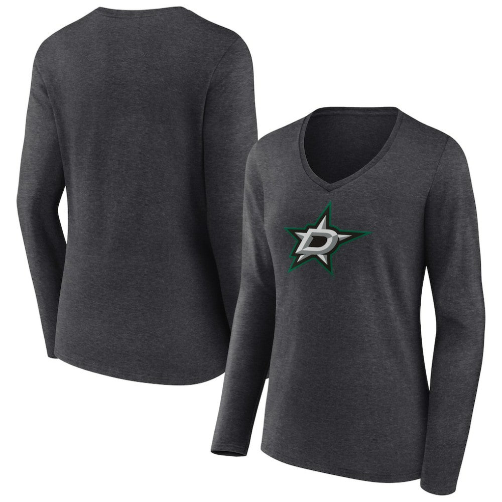 Dallas Stars Women's Primary Team Logo Long Sleeve V-Neck T-Shirt - Heather Charcoal | US 5221183