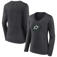 Dallas Stars Women's Primary Team Logo Long Sleeve V-Neck T-Shirt - Heather Charcoal | US 5221183