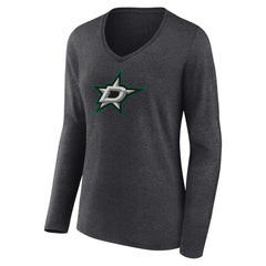Dallas Stars Women's Primary Team Logo Long Sleeve V-Neck T-Shirt - Heather Charcoal | US 5221183