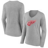 Detroit Red Wings Women's Primary Logo Team Long Sleeve V-Neck T-Shirt - Heather Gray | US 5221185