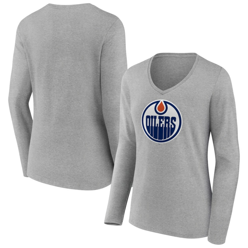 Edmonton Oilers Women's Primary Logo Team Long Sleeve V-Neck T-Shirt - Heather Gray | US 5221186