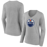 Edmonton Oilers Women's Primary Logo Team Long Sleeve V-Neck T-Shirt - Heather Gray | US 5221186