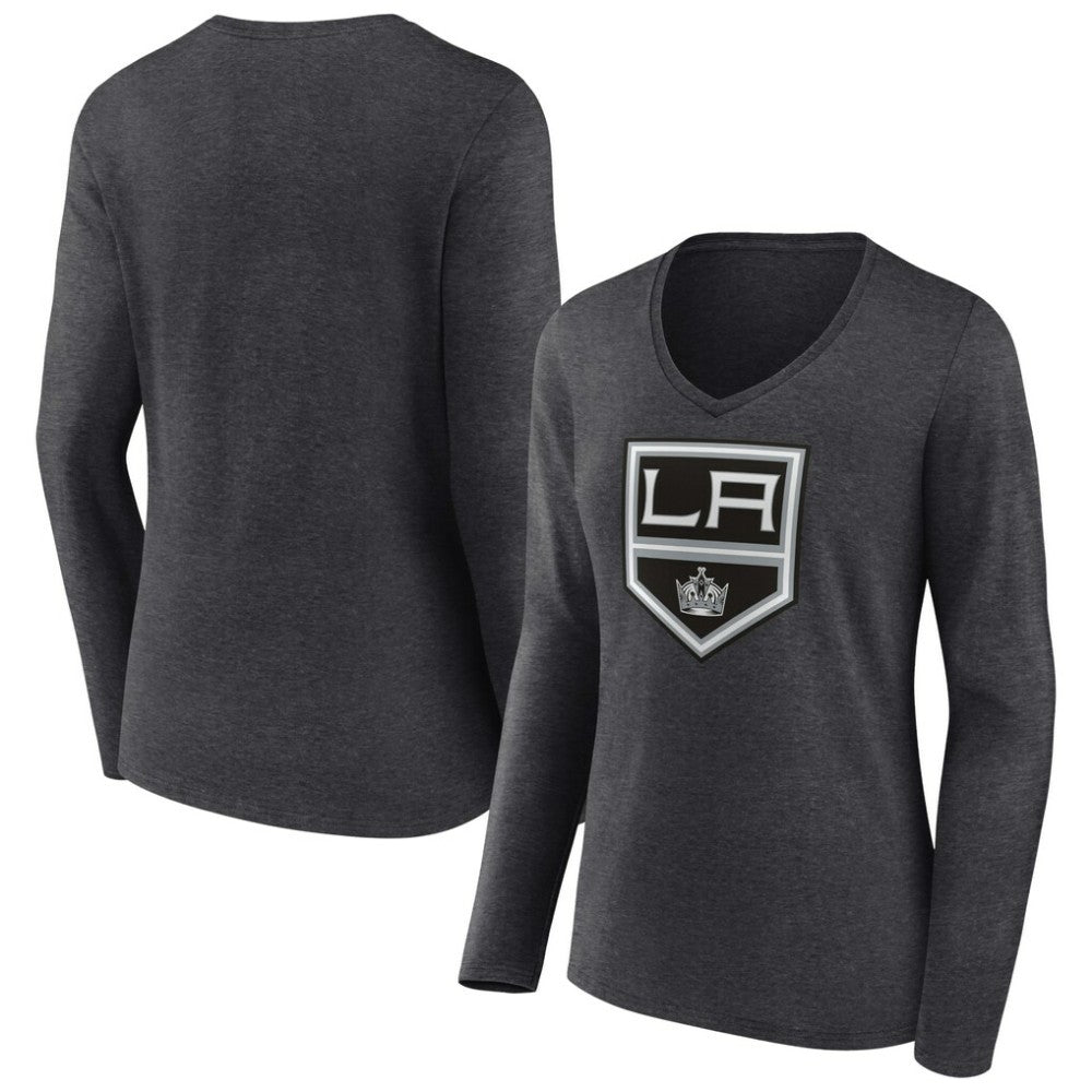 Los Angeles Kings Women's Primary Team Logo Long Sleeve V-Neck T-Shirt - Heather Charcoal | US 5221187