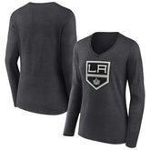 Los Angeles Kings Women's Primary Team Logo Long Sleeve V-Neck T-Shirt - Heather Charcoal | US 5221187
