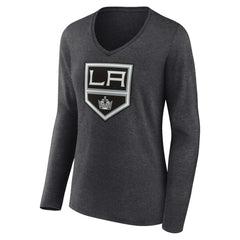 Los Angeles Kings Women's Primary Team Logo Long Sleeve V-Neck T-Shirt - Heather Charcoal | US 5221187