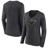 Minnesota Wild Women's Primary Team Logo Long Sleeve V-Neck T-Shirt - Heather Charcoal | US 5221189