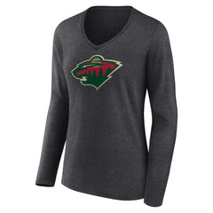 Minnesota Wild Women's Primary Team Logo Long Sleeve V-Neck T-Shirt - Heather Charcoal | US 5221189
