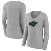 Minnesota Wild Women's Primary Logo Team Long Sleeve V-Neck T-Shirt - Heather Gray | US 5221190