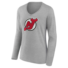 New Jersey Devils Women's Primary Logo Team Long Sleeve V-Neck T-Shirt - Heather Gray | US 5221193