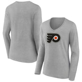 Philadelphia Flyers Women's Primary Logo Team Long Sleeve V-Neck T-Shirt - Heather Gray | US 5221197