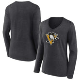 Pittsburgh Penguins Women's Primary Team Logo Long Sleeve V-Neck T-Shirt - Heather Charcoal | US 5221198