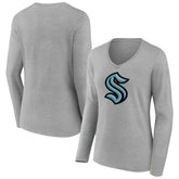 Seattle Kraken Women's Primary Logo Team Long Sleeve V-Neck T-Shirt - Heather Gray | US 5221200