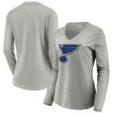 St. Louis Blues Women's Primary Logo Team Long Sleeve V-Neck T-Shirt - Heather Gray | US 5221201