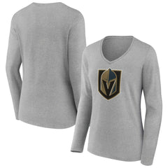 Vegas Golden Knights Women's Primary Logo Team Long Sleeve V-Neck T-Shirt - Heather Gray | US 5221204