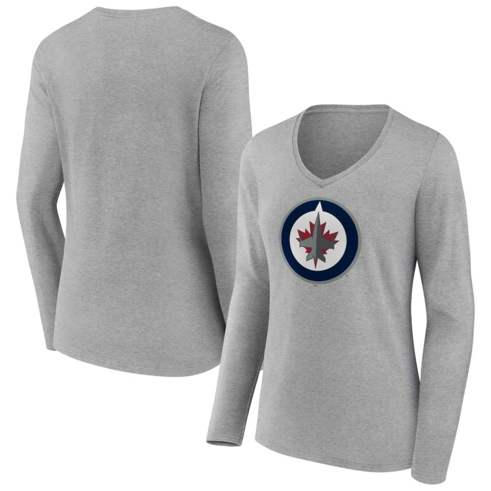 Winnipeg Jets Women's Primary Logo Team Long Sleeve V-Neck T-Shirt - Heather Gray | US 5221206