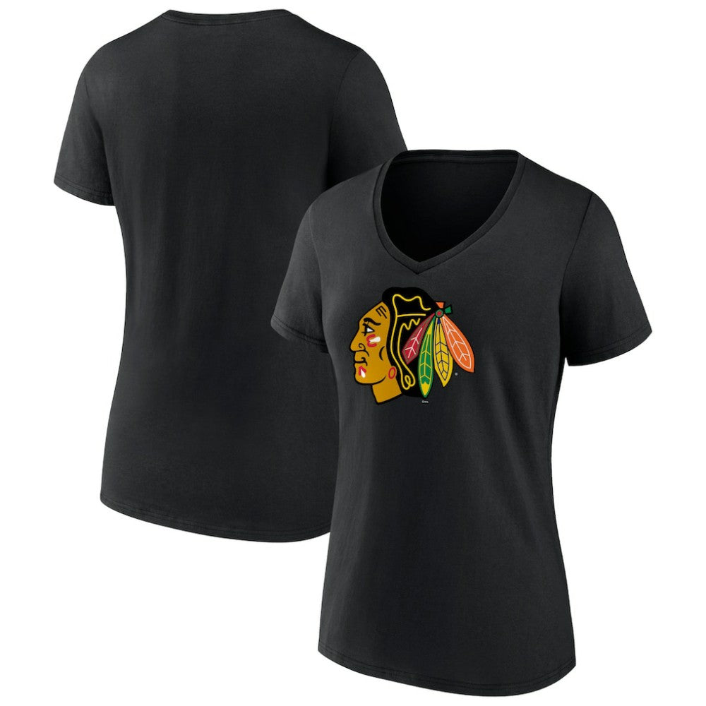 Chicago Blackhawks Women's Team Primary Logo V-Neck T-Shirt - Black | US 5221227