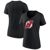 New Jersey Devils Women's Team Primary Logo V-Neck T-Shirt - Black | US 5221231