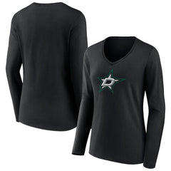 Dallas Stars Women's Primary Team Logo Long Sleeve V-Neck T-Shirt - Black | US 5221234