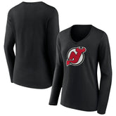 New Jersey Devils Women's Primary Team Logo Long Sleeve V-Neck T-Shirt - Black | US 5221237