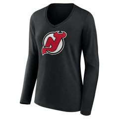 New Jersey Devils Women's Primary Team Logo Long Sleeve V-Neck T-Shirt - Black | US 5221237